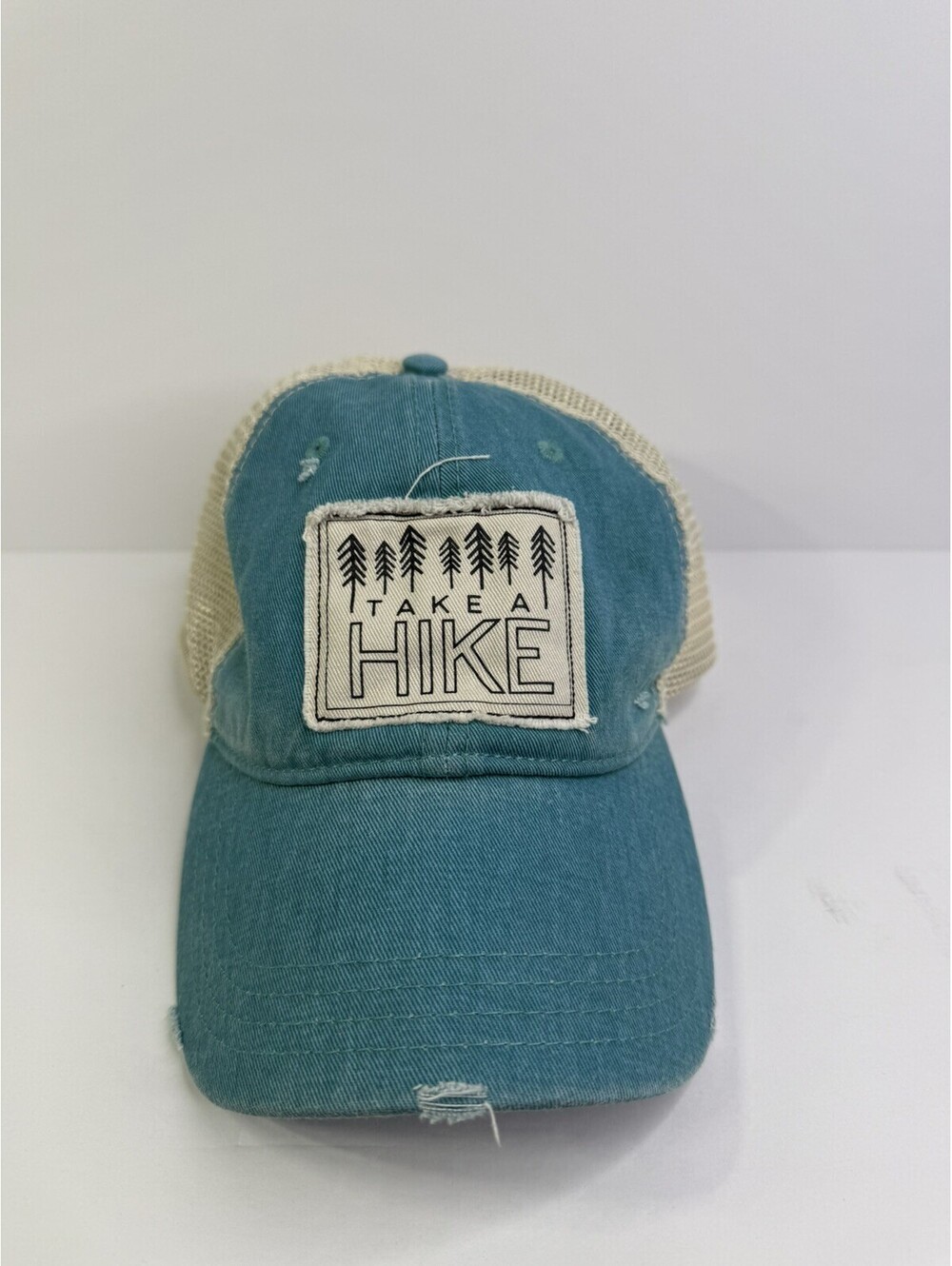 Karma Distressed Mesh Back Trucker Hat Snap Back Teal w TAKE A HIKE Patch.2A96